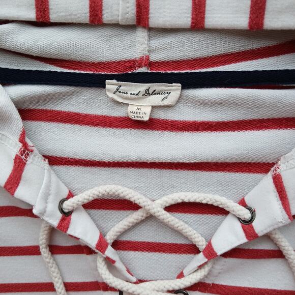 Jane + Delancey French Terry Hooded Top XL lace-up V-neck red striped unisex - Picture 7 of 15